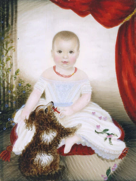 Baby with Rattle and Dog, 1842. Creator: Clarissa Peters