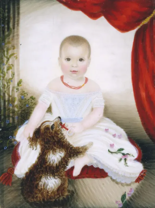 Framed Print : Baby with Rattle and Dog, 1842. Creator: Clarissa Peters Framed Print : Baby with Rattle and Dog, 1842. Creator: Clarissa Peters