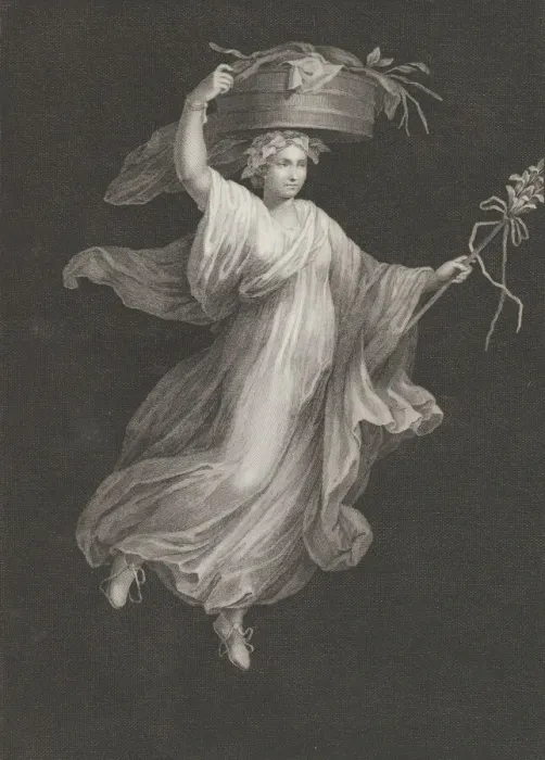 Framed Print : A bacchante carrying a large basket on her head and holding a staff in her le... ca Framed Print : A bacchante carrying a large basket on her head and holding a staff in her le... ca