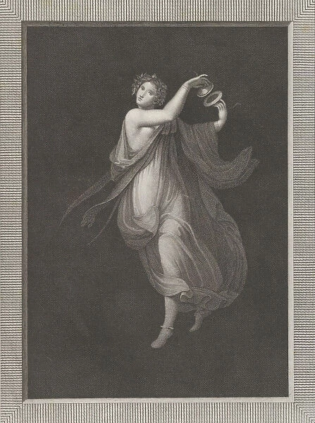 A bacchante, a garland on her head, and playing cymbals, set against a black backgrou