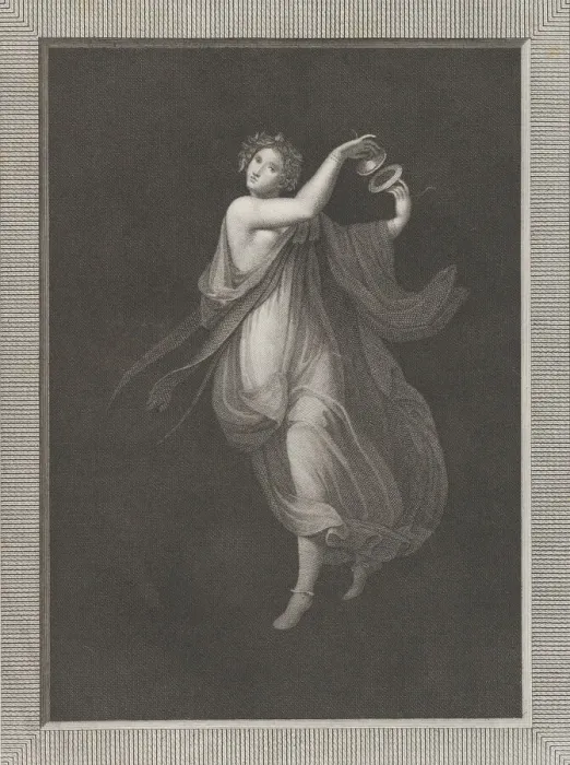 Framed Print : A bacchante, a garland on her head, and playing cymbals, set against a black backgrou Framed Print : A bacchante, a garland on her head, and playing cymbals, set against a black backgrou