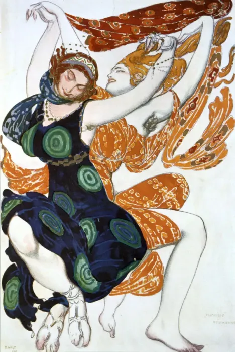 Framed Print : Two Bacchantes, costume design for a Ballets Russes production of Tcherepnins Narcisse, 1911. Artist: Leon Bakst Framed Print : Two Bacchantes, costume design for a Ballets Russes production of Tcherepnins Narcisse, 1911. Artist: Leon Bakst