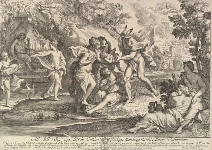 Framed Print : Bacchus as a child given by Mercury to the care of the Nymphs. Creator: Andrea Procaccini Framed Print : Bacchus as a child given by Mercury to the care of the Nymphs. Creator: Andrea Procaccini