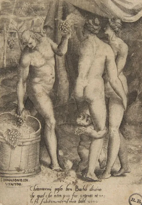 Framed Print : Bacchus giving grapes to women, from The Loves of the Gods, 1531-60 Framed Print : Bacchus giving grapes to women, from The Loves of the Gods, 1531-60