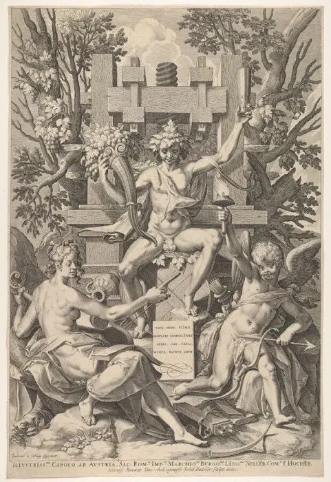 Framed Print : Bacchus, Music, Amor, 1575-1600. Creator: Johann Sadeler I Framed Print : Bacchus, Music, Amor, 1575-1600. Creator: Johann Sadeler I