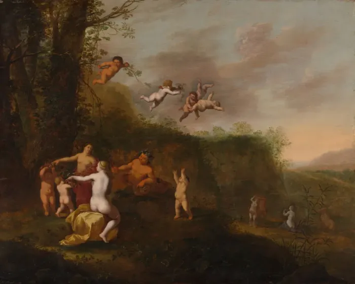 Framed Print : Bacchus and Nymphs in a Landscape, probably 1640s. Creator: Abraham van Cuylenborch Framed Print : Bacchus and Nymphs in a Landscape, probably 1640s. Creator: Abraham van Cuylenborch