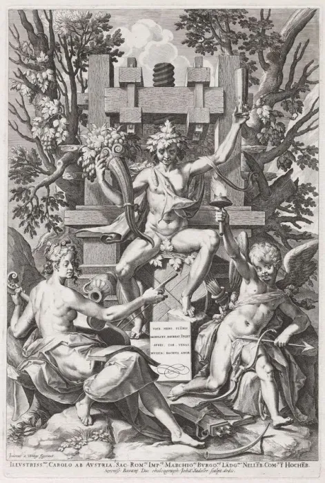 Framed Print : Bacchus Seated on a Barrel between Amor and Music, c. 1590. Creator: Johann Sadeler I Framed Print : Bacchus Seated on a Barrel between Amor and Music, c. 1590. Creator: Johann Sadeler I