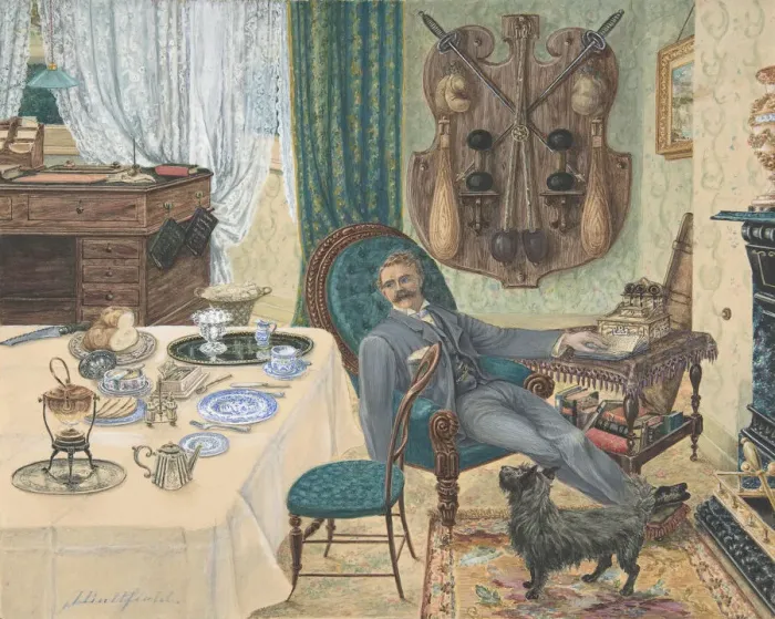 Framed Print : A Bachelor in His Study (The Sportsmans Breakfast), late 19th century Framed Print : A Bachelor in His Study (The Sportsmans Breakfast), late 19th century