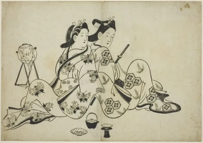 Framed Print : Back to back, from a series of 12 prints, c. 1700. Creator: Furuyama Moroshige Framed Print : Back to back, from a series of 12 prints, c. 1700. Creator: Furuyama Moroshige