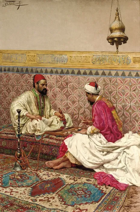 Framed Print : The backgammon players. Artist: Rosati, Giulio (1858-1917) Framed Print : The backgammon players. Artist: Rosati, Giulio (1858-1917)