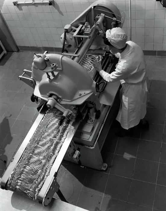 Framed Print : Bacon slicing machine, Danish Bacon Company, Selby, North Yorkshire, 1964. Artist Framed Print : Bacon slicing machine, Danish Bacon Company, Selby, North Yorkshire, 1964. Artist