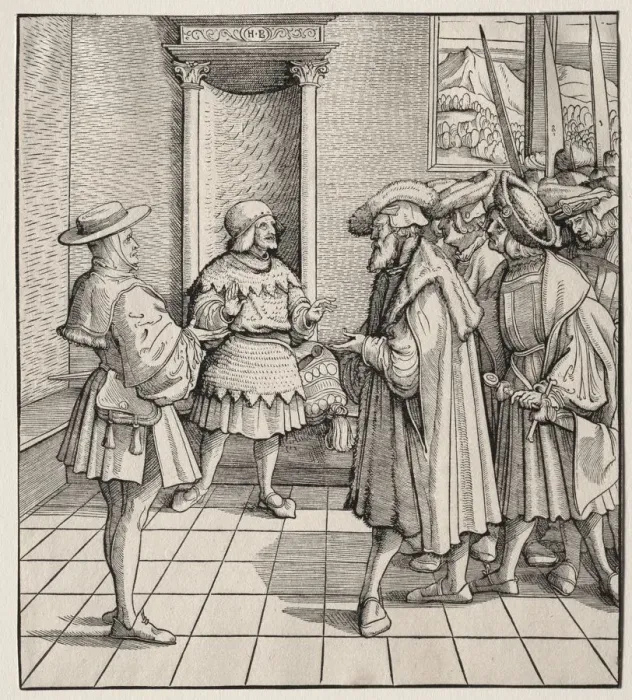 Framed Print : The Bad Advice of One Little Man to Another, 1512-1516. Creator: Hans Burgkmair (German Framed Print : The Bad Advice of One Little Man to Another, 1512-1516. Creator: Hans Burgkmair (German