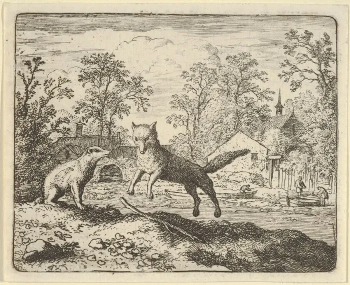 Framed Print : The Badger Imposes as Punishment to Jump Three Times Over a Stick on the Ground, 1650-75 Framed Print : The Badger Imposes as Punishment to Jump Three Times Over a Stick on the Ground, 1650-75