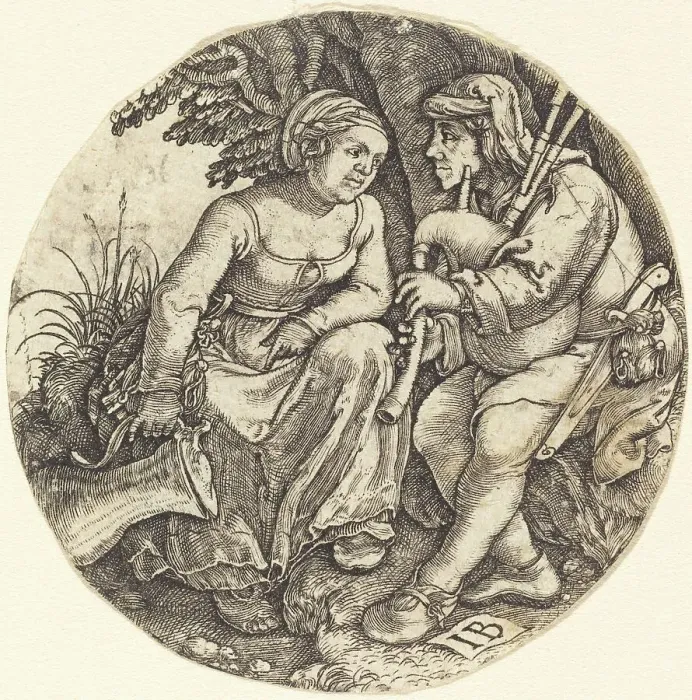Framed Print : Bagpipe Player with His Lover. Creator: Master I. B Framed Print : Bagpipe Player with His Lover. Creator: Master I. B