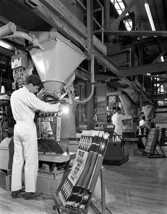 Framed Print : Bags being filled at the Spillers Animal Foods plant, Gainsborough, Lincolnshire, 1962 Framed Print : Bags being filled at the Spillers Animal Foods plant, Gainsborough, Lincolnshire, 1962