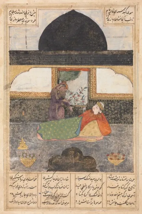 Framed Print : Bahram Gur Visits the Princess of India in the Black Pavilion (recto)... c. 1400-1410 Framed Print : Bahram Gur Visits the Princess of India in the Black Pavilion (recto)... c. 1400-1410