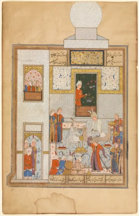Framed Print : Bahram Visits the White Domed Pavilion (recto); part of Khamsa of Nizami, Haft Paykar Framed Print : Bahram Visits the White Domed Pavilion (recto); part of Khamsa of Nizami, Haft Paykar