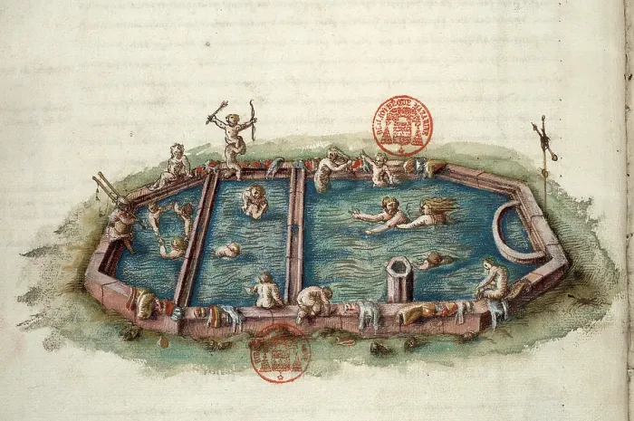 Framed Print : Bains de Neris-les-Bains. Miniature from Generale description du pais et duche de... 1561-1574. Creator: Anonymous master Framed Print : Bains de Neris-les-Bains. Miniature from Generale description du pais et duche de... 1561-1574. Creator: Anonymous master