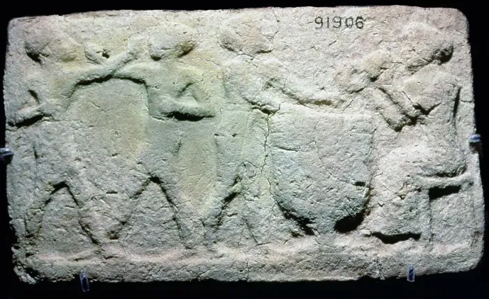 Framed Print : Baked clay plaque of two boxers fighting, while musicians play, from Larsa, Iraq, 2000BC-1750BC Framed Print : Baked clay plaque of two boxers fighting, while musicians play, from Larsa, Iraq, 2000BC-1750BC