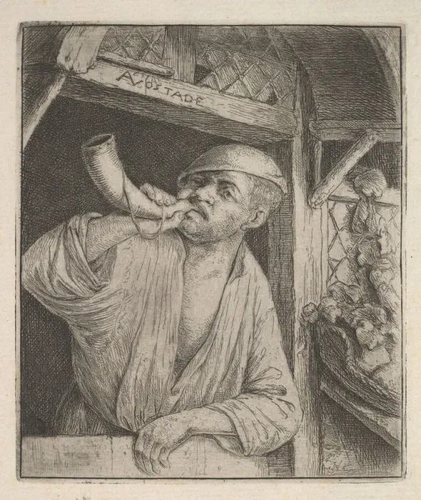 Framed Print : Baker Blowing Horn, 1610-85. Creator: Adriaen van Ostade Framed Print : Baker Blowing Horn, 1610-85. Creator: Adriaen van Ostade