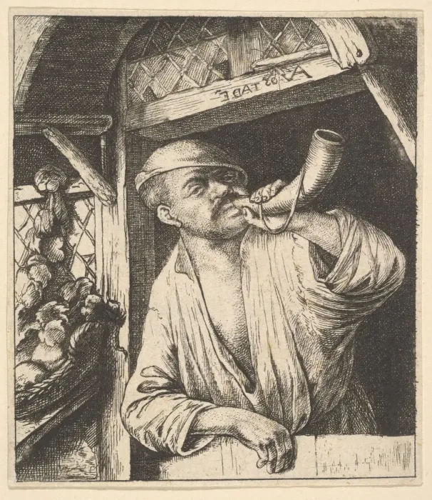 Framed Print : Baker Blowing Horn, 1610-85. Creator: Unknown Framed Print : Baker Blowing Horn, 1610-85. Creator: Unknown