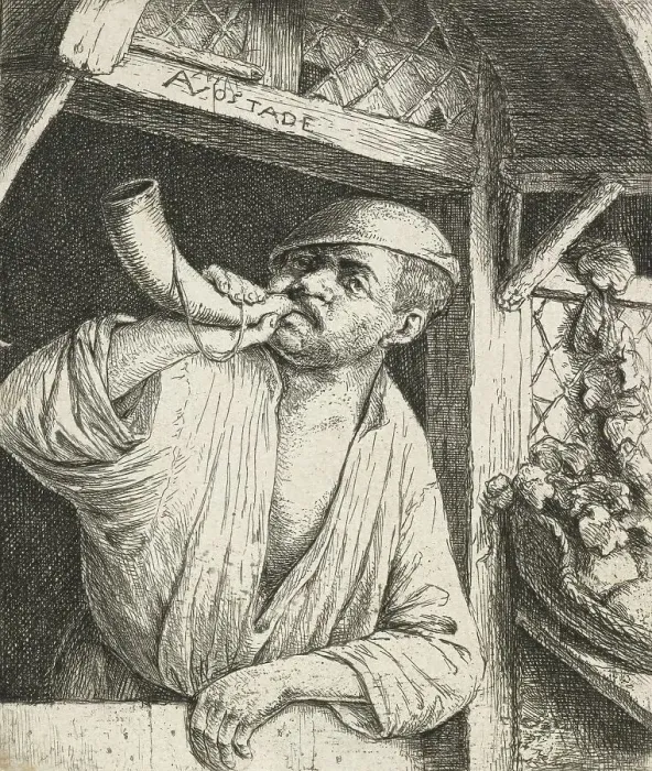 Framed Print : A baker blowing his horn, c.1648. Creator: Adriaen van Ostade Framed Print : A baker blowing his horn, c.1648. Creator: Adriaen van Ostade
