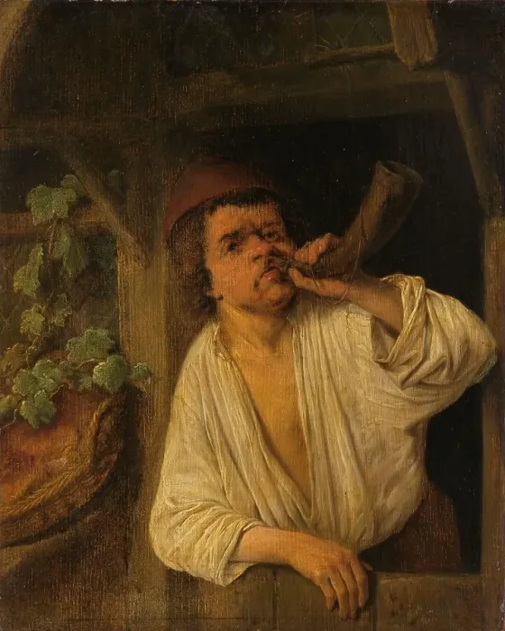 Framed Print : A Baker Sounding his Horn, c.1648. Creator: Adriaen van Ostade Framed Print : A Baker Sounding his Horn, c.1648. Creator: Adriaen van Ostade