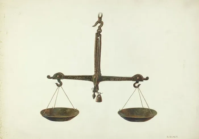 Framed Print : Balance Scales, c. 1939. Creator: Ruth Buker Framed Print : Balance Scales, c. 1939. Creator: Ruth Buker