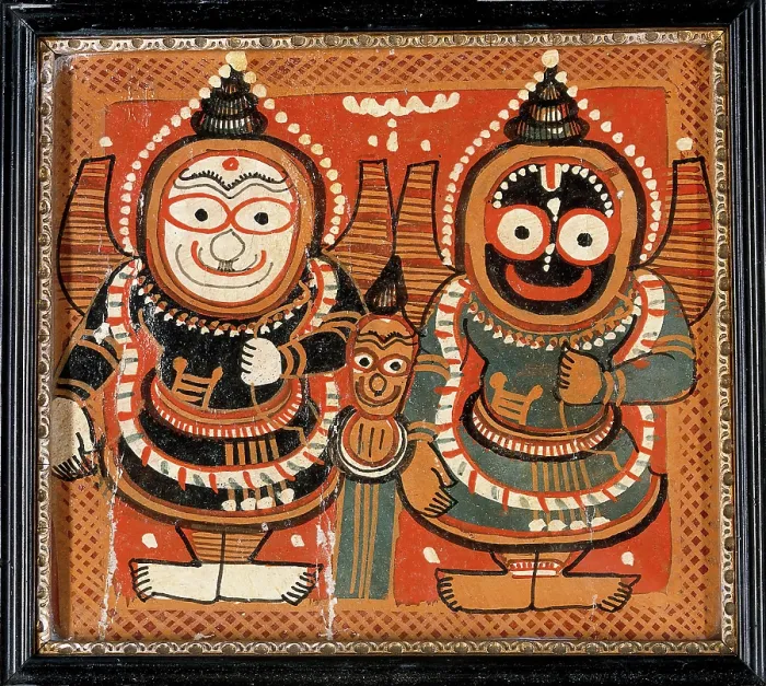 Framed Print : Balarama and Jagannath holding bows in their left hands, with Subhadra between them, c1880 / 1910. Creator: Unknown Framed Print : Balarama and Jagannath holding bows in their left hands, with Subhadra between them, c1880 / 1910. Creator: Unknown