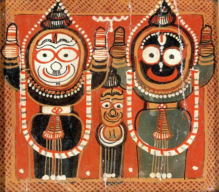Framed Print : Balarama and Jagannath holding up their hands with Subhadra between them. Creator: Painter of Puri, Odisha Framed Print : Balarama and Jagannath holding up their hands with Subhadra between them. Creator: Painter of Puri, Odisha