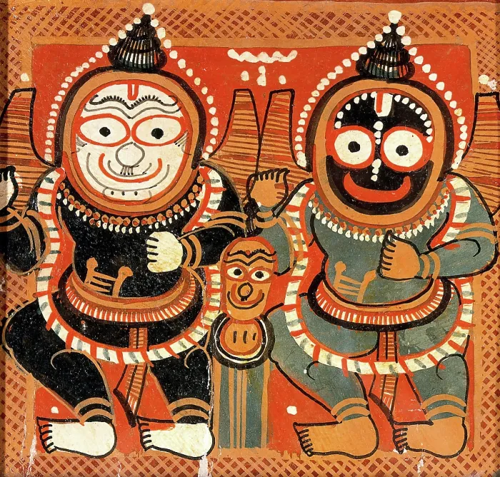 Framed Print : Balarama and Jagannath raising their right hands and holding their left hands in... c1880 / 1910.. Creator: Painter of Puri, Odisha Framed Print : Balarama and Jagannath raising their right hands and holding their left hands in... c1880 / 1910.. Creator: Painter of Puri, Odisha