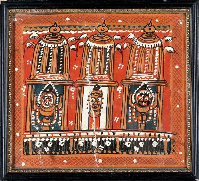 Framed Print : Balarama, Subhadra and Jagannath in three shrines surmounted by winged domes, c1880 / 1910. Creator: Unknown Framed Print : Balarama, Subhadra and Jagannath in three shrines surmounted by winged domes, c1880 / 1910. Creator: Unknown