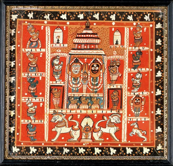 Framed Print : Balarama, Subhadra and Jagannath in the temple at Puri, with other figures in a... c1880 / 1910. Creator: Unknown Framed Print : Balarama, Subhadra and Jagannath in the temple at Puri, with other figures in a... c1880 / 1910. Creator: Unknown