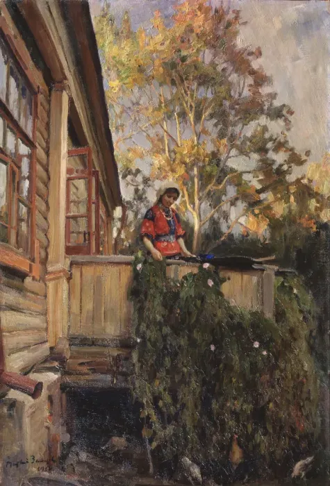 Framed Print : On the balcony, 1912. Artist: Zaytsev, Matvei Markovich (1880-1940) Framed Print : On the balcony, 1912. Artist: Zaytsev, Matvei Markovich (1880-1940)