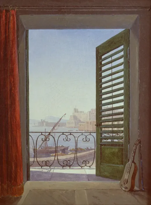 Framed Print : Balcony Room with a View of the Bay of Naples, c. 1829. Artist: Carus, Carl Gustav (1789-1869) Framed Print : Balcony Room with a View of the Bay of Naples, c. 1829. Artist: Carus, Carl Gustav (1789-1869)