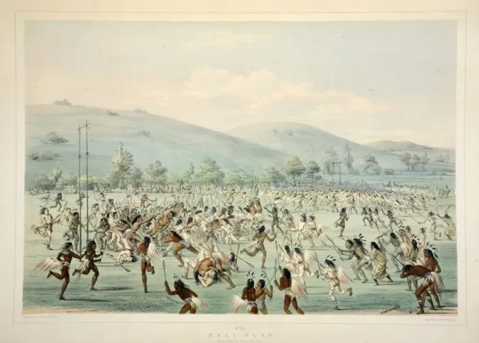 Framed Print : Ball Play, pub. 1845 (colour lithograph). Creator: George Catlin (1796 - 1872) Framed Print : Ball Play, pub. 1845 (colour lithograph). Creator: George Catlin (1796 - 1872)