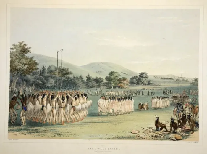 Framed Print : Ball-Player Dance, pub. 1845 (colour lithograph). Creator: George Catlin (1796 - 1872)