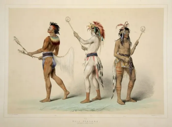 Framed Print : Ball Players, pub. 1845 (colour lithograph). Creator: George Catlin (1796 - 1872) Framed Print : Ball Players, pub. 1845 (colour lithograph). Creator: George Catlin (1796 - 1872)