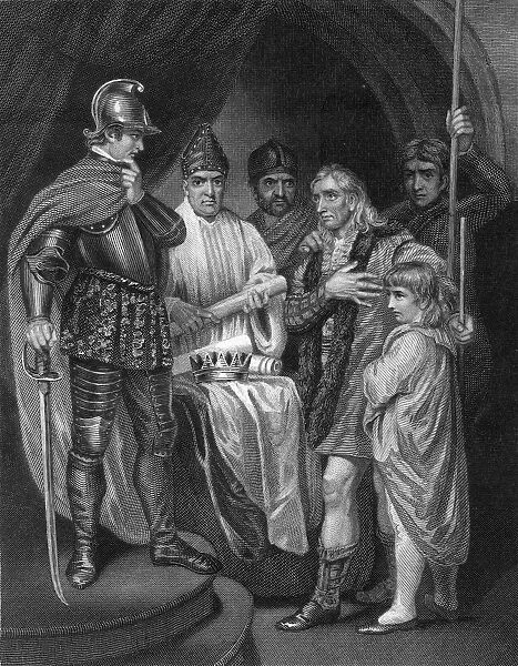 Balliol surrendering his crown to Edward I of England, 1296. Artist: J Rogers