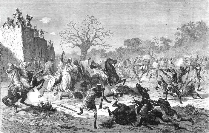 Framed Print : The Bambaras attack the Besiegers; Journey from the Senegal to the Niger, 1875. Creator: Unknown Framed Print : The Bambaras attack the Besiegers; Journey from the Senegal to the Niger, 1875. Creator: Unknown
