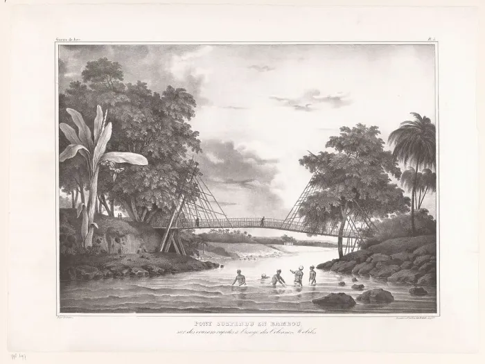 Framed Print : Bamboo bridge, Java, 1833. Creator: Henricus Leonardus van den Houten Framed Print : Bamboo bridge, Java, 1833. Creator: Henricus Leonardus van den Houten