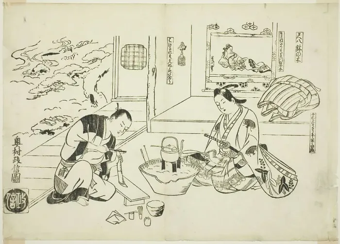 Framed Print : The Bamboo Flute and the Potted Tree (Shakuhachi hachi-no-ki), no. 12 from a series of... c1716 / 35 Creator: Okumura Masanobu Framed Print : The Bamboo Flute and the Potted Tree (Shakuhachi hachi-no-ki), no. 12 from a series of... c1716 / 35 Creator: Okumura Masanobu