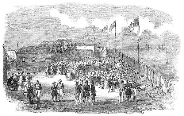 Band of the 3rd French Regiment playing in H.M. Naval Yard, at Deal, 1854. Creator: Unknown