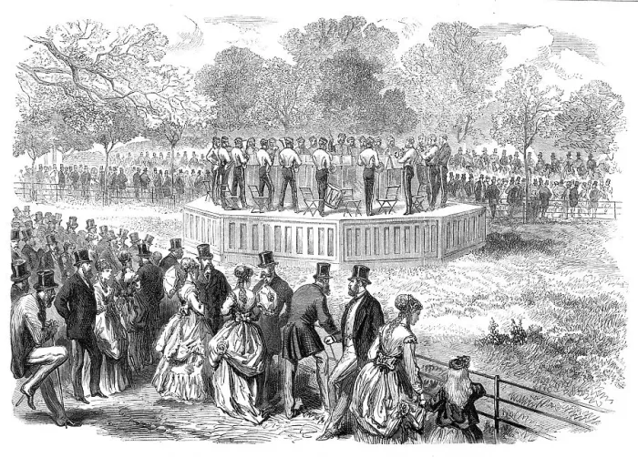 Framed Print : Band of the Life Guards playing on the new platform in Hyde Park, 1869. Creator: Unknown Framed Print : Band of the Life Guards playing on the new platform in Hyde Park, 1869. Creator: Unknown