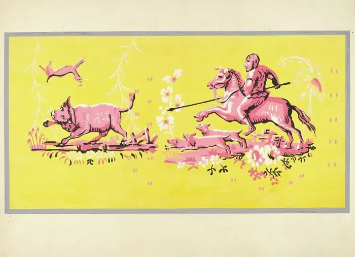 Framed Print : Bandbox Design - Hunting Scene, c. 1936. Creator: Harold Merriam Framed Print : Bandbox Design - Hunting Scene, c. 1936. Creator: Harold Merriam