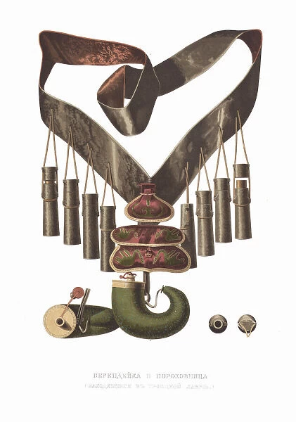 Bandolier and powder flask. From the Antiquities of the Russian State, 1849-1853
