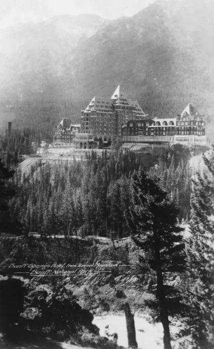 Framed Print : Banff Springs Hotel, from Tunnel Mountain, Banff National Park, Alberta, Canada, c1930s(?). Artist: Marjorie Bullock Framed Print : Banff Springs Hotel, from Tunnel Mountain, Banff National Park, Alberta, Canada, c1930s(?). Artist: Marjorie Bullock