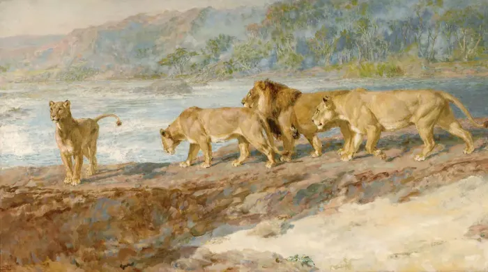 Framed Print : On the bank of an African river, 1918. Artist: Briton Riviere Framed Print : On the bank of an African river, 1918. Artist: Briton Riviere