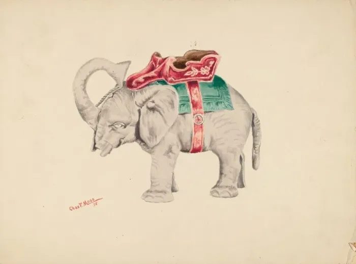 Framed Print : Bank: Elephant, 1938. Creator: Charles Moss Framed Print : Bank: Elephant, 1938. Creator: Charles Moss