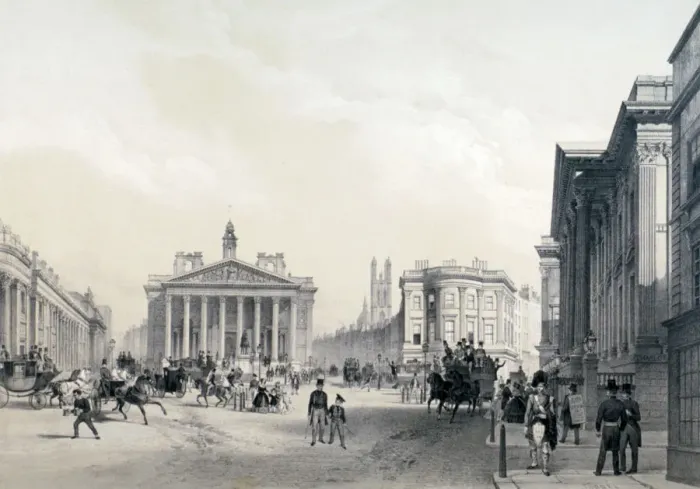 Framed Print : The Bank of England, Royal Exchange and Mansion house, c1850. Artist: Jules Louis Arnout Framed Print : The Bank of England, Royal Exchange and Mansion house, c1850. Artist: Jules Louis Arnout